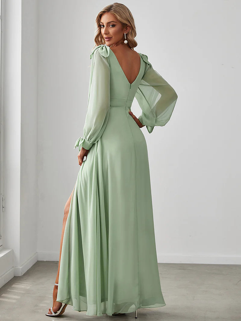 Elegant A-line bridesmaid mint green dress with V-neckline and long lantern sleeves