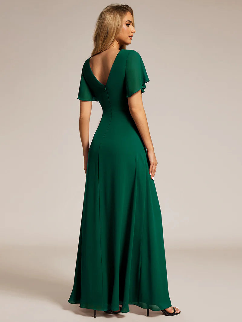 Elegant asymmetrical chiffon evening dark green dress with lotus leaf ruffle sleeves and ruched empire waist