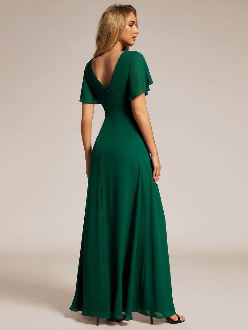 Elegant Asymmetrical Chiffon Evening Dress with Lotus Leaf Ruffle Sleeves and Ruched Empire Waist - Biamonde