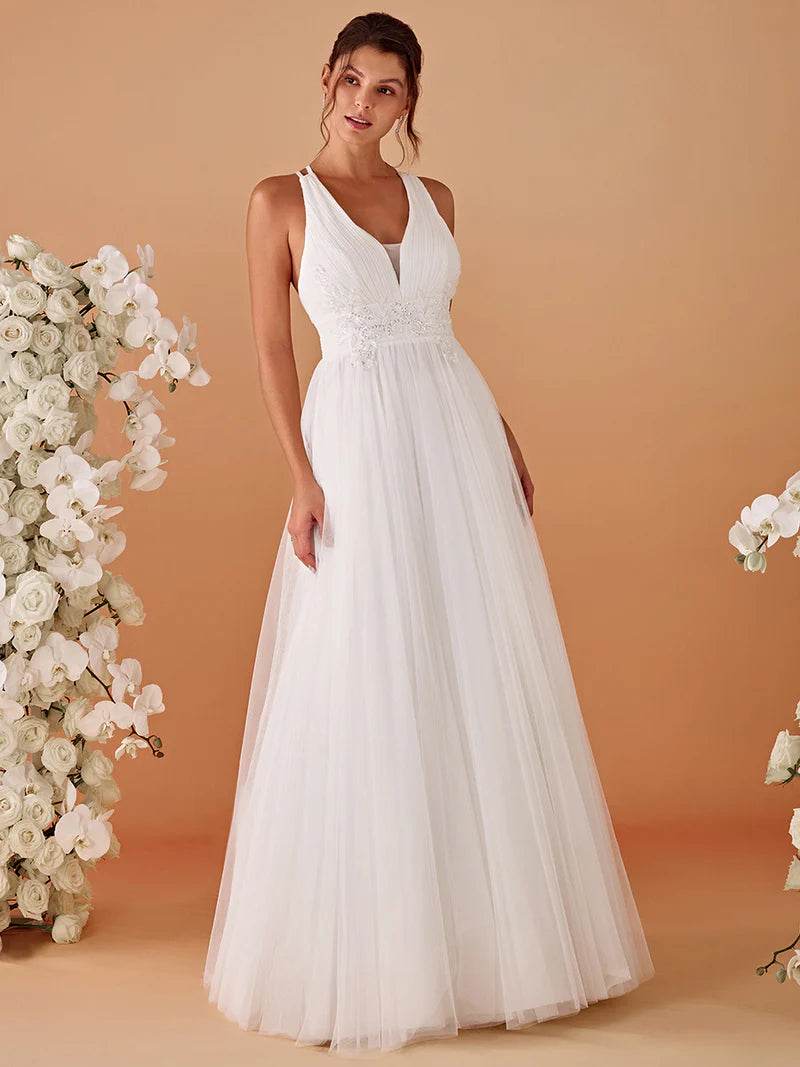 Elegant Backless V-Neck White Mesh Wedding Dress with Floral Appliques - Biamonde