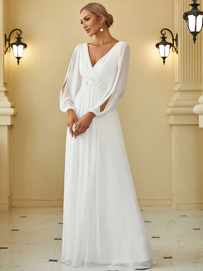 Elegant Cream Floor-Length Formal Dress with Long Lantern Sleeves