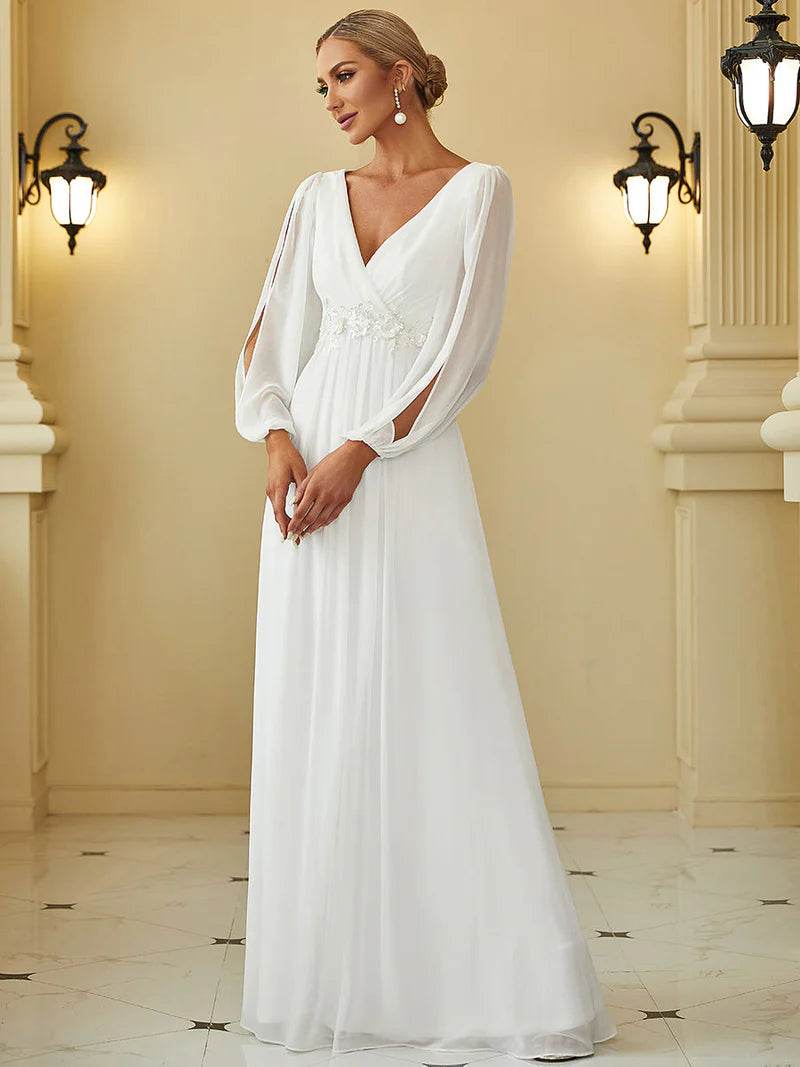 Elegant Cream Floor-Length Formal Dress with Long Lantern Sleeves - Biamonde