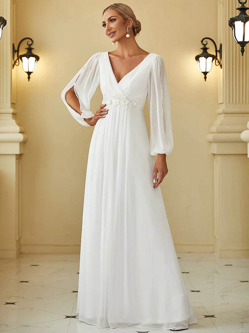 Elegant Cream Floor-Length Formal Dress with Long Lantern Sleeves