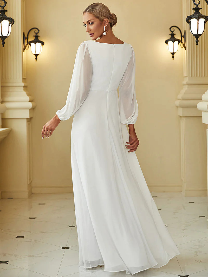 Elegant Cream Floor-Length Formal Dress with Long Lantern Sleeves