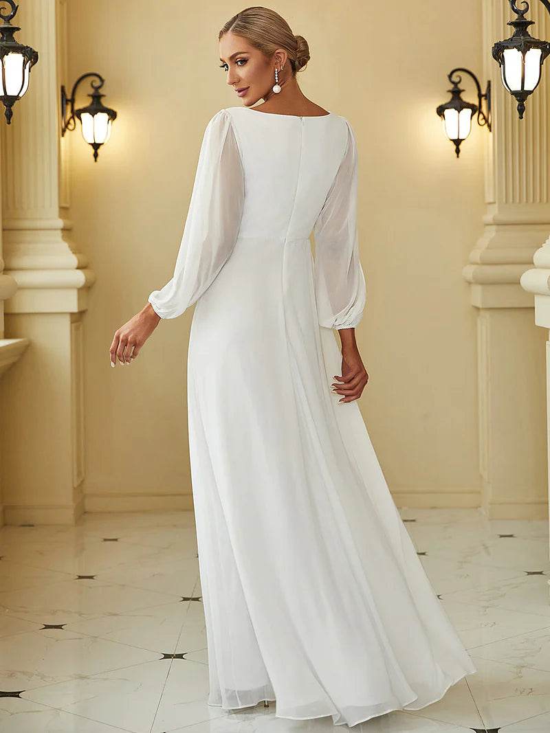 Elegant Cream Floor-Length Formal Dress with Long Lantern Sleeves - Biamonde