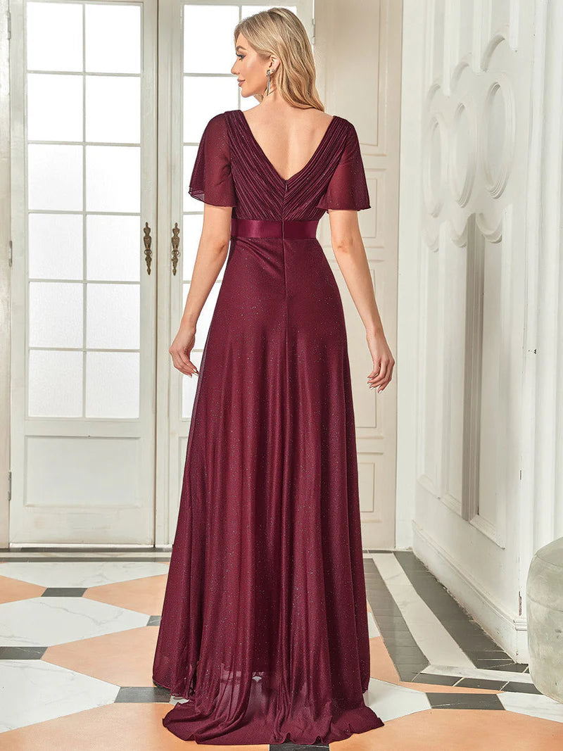 Elegant deep V-neck A-line evening burgundy dress with flowing ruffle sleeves