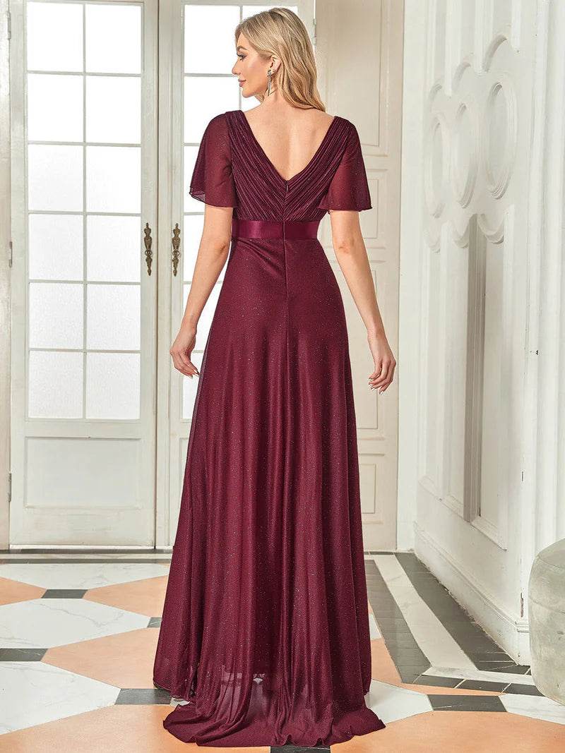 Elegant Deep V-Neck A-Line Evening Dress with Ruffle Sleeves - Biamonde