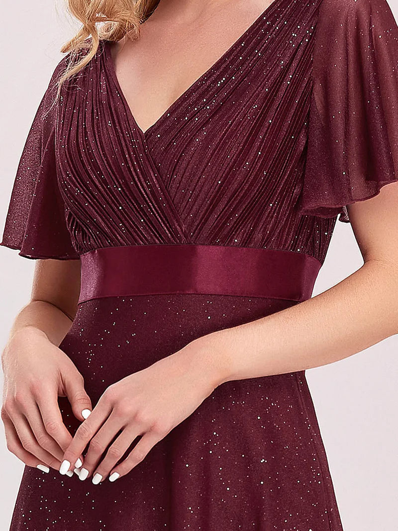 Elegant deep V-neck A-line evening burgundy dress with flowing ruffle sleeves