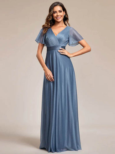 Elegant Deep V-Neck A-Line Evening Dress with Ruffle Sleeves - Biamonde