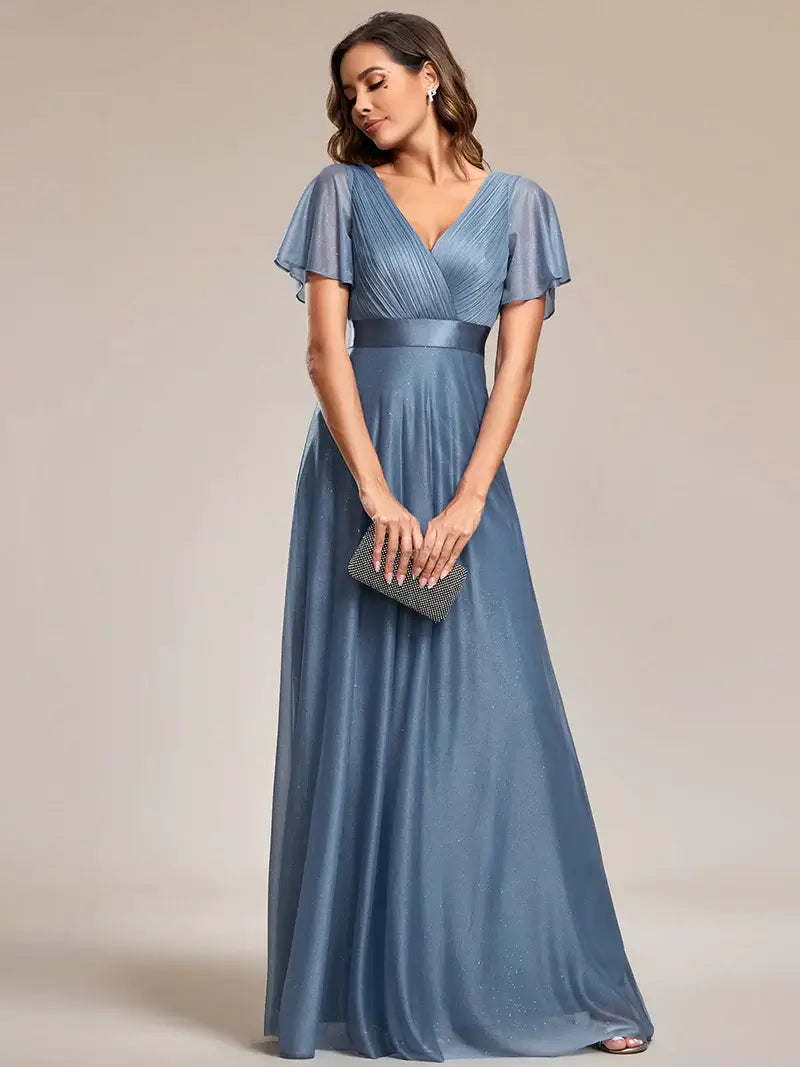 Elegant deep V-neck A-line evening dusty blue dress with flowing ruffle sleeves