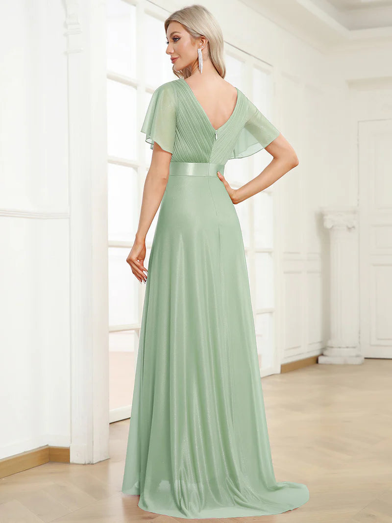 Elegant deep V-neck A-line evening mint green dress with flowing ruffle sleeves