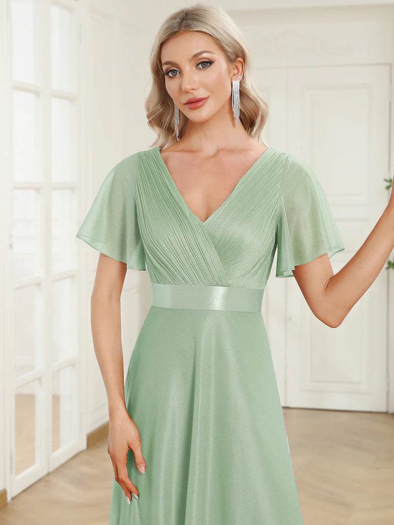 Elegant Deep V-Neck A-Line Evening Dress with Ruffle Sleeves - Biamonde