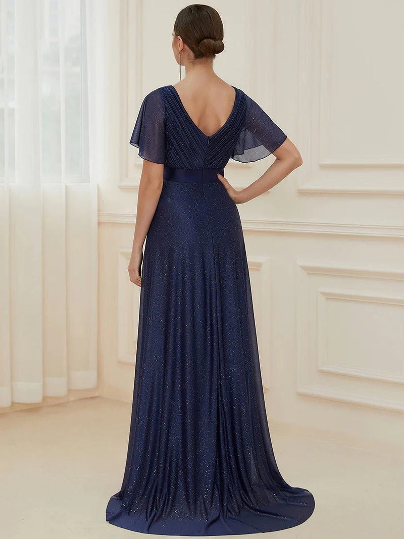 Elegant deep V-neck A-line evening navy blue dress with flowing ruffle sleeves