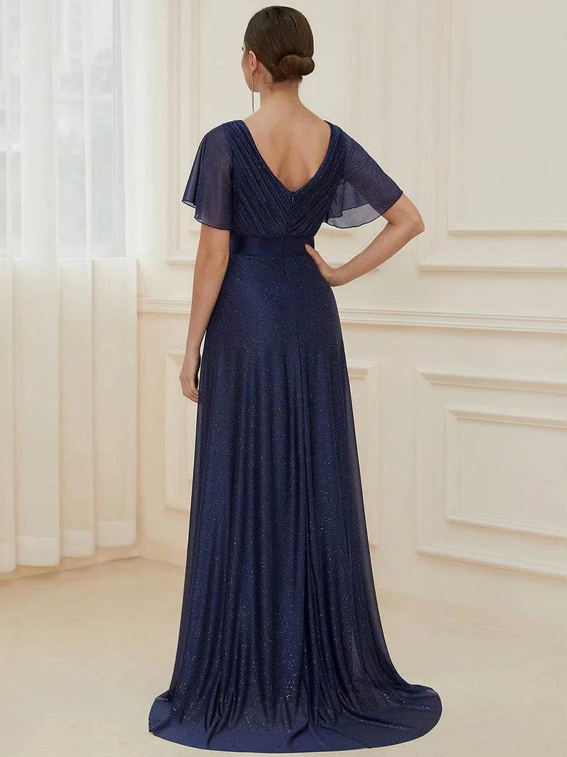 Elegant Deep V-Neck A-Line Evening Dress with Ruffle Sleeves - Biamonde