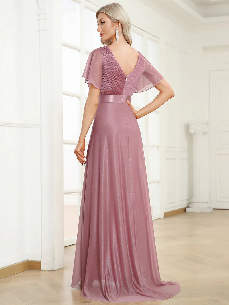 Elegant deep V-neck A-line evening orhid dress with flowing ruffle sleeves