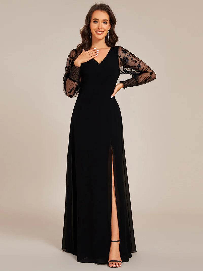 Elegant Embroidered Chiffon Evening Black Dress with Sheer Long Sleeves & Side Split Hem - Biamonde