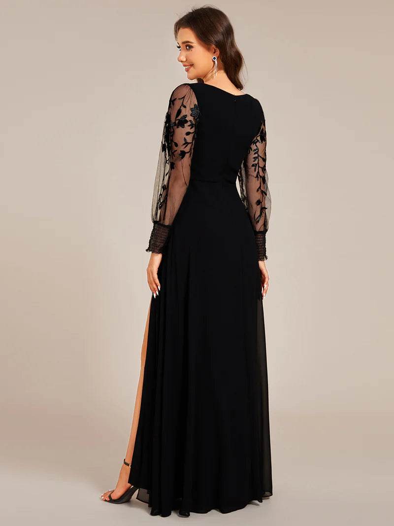 Elegant Embroidered Chiffon Evening Black Dress with Sheer Long Sleeves & Side Split Hem - Biamonde