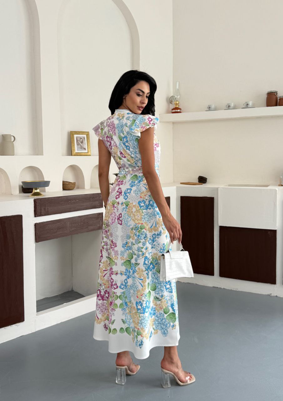 Elegant floral print midi dress with cap sleeves and belted waistline