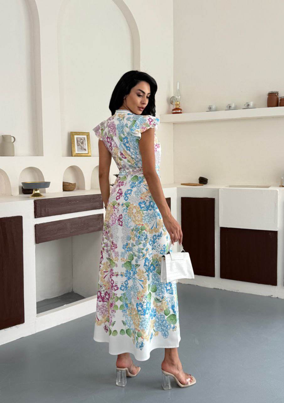 Elegant Floral Print Midi Dress with Cap Sleeves and Belted Waist - Biamonde