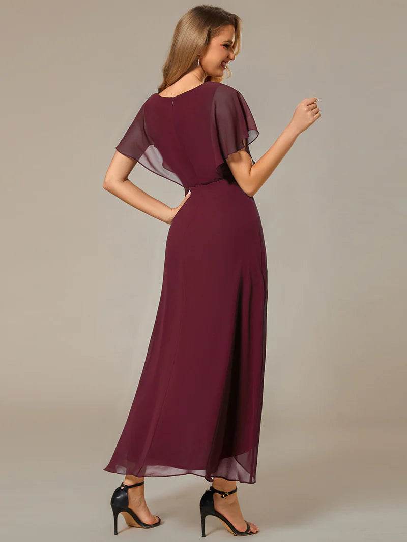 Elegant High-Low Chiffon Evening Dress with Appliqué Details & Short Sleeves - Biamonde