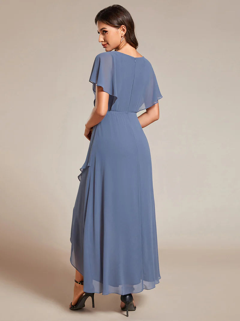 Elegant high-low chiffon evening dusty blue dress with floral appliqué and short sleeves