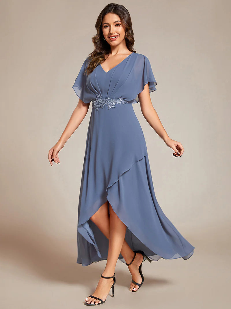 Elegant high-low chiffon evening dusty blue dress with floral appliqué and short sleeves