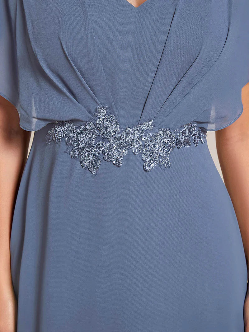 Elegant high-low chiffon evening dusty blue dress with floral appliqué and short sleeves