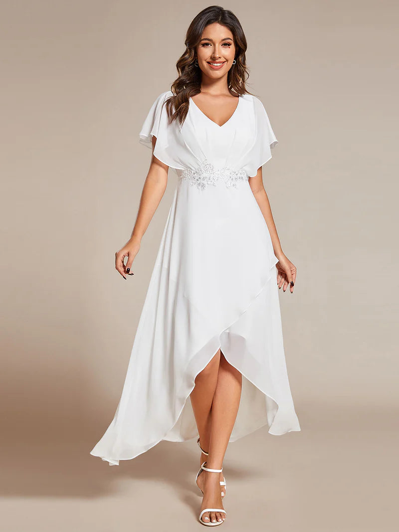 Elegant high-low chiffon evening white dress with floral appliqué and short sleeves