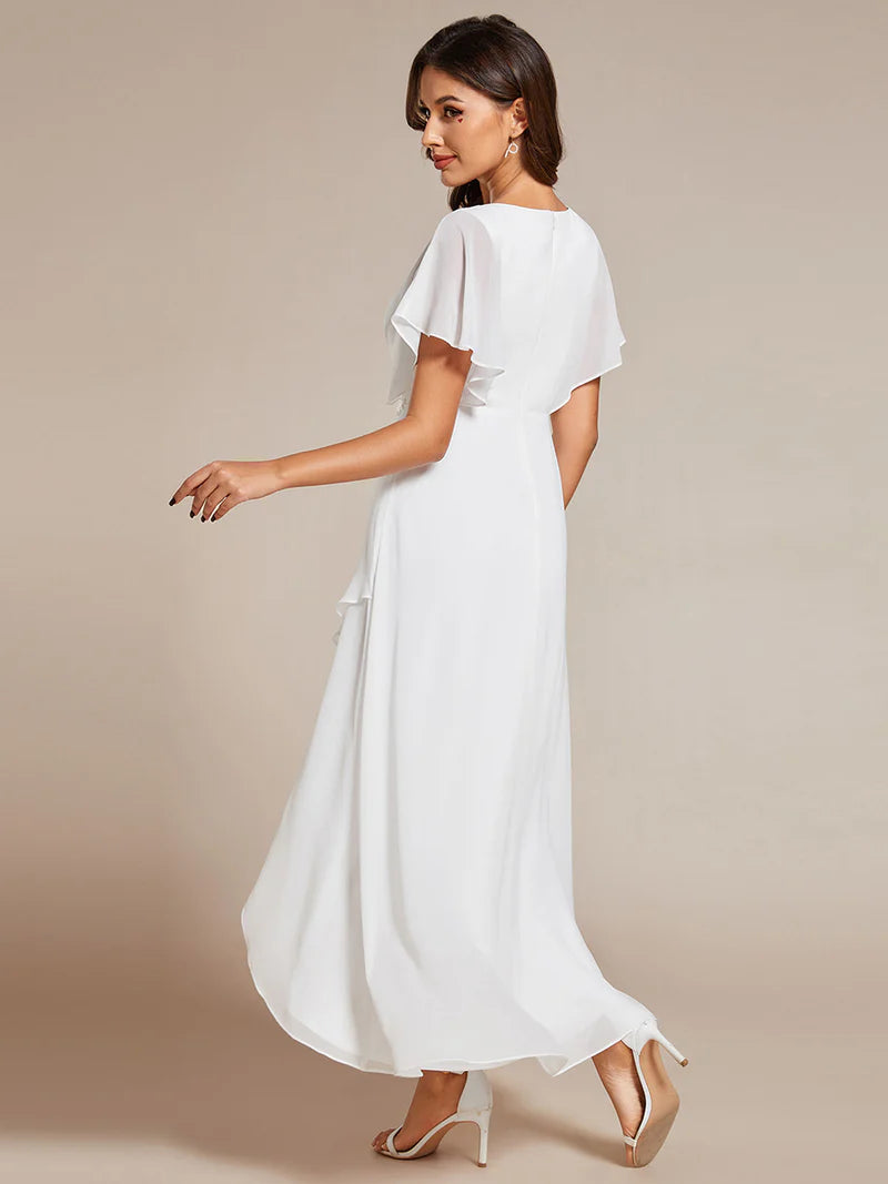 Elegant high-low chiffon evening white dress with floral appliqué and short sleeves
