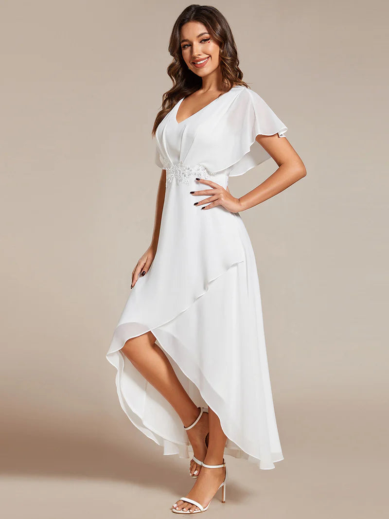Elegant high-low chiffon evening white dress with floral appliqué and short sleeves