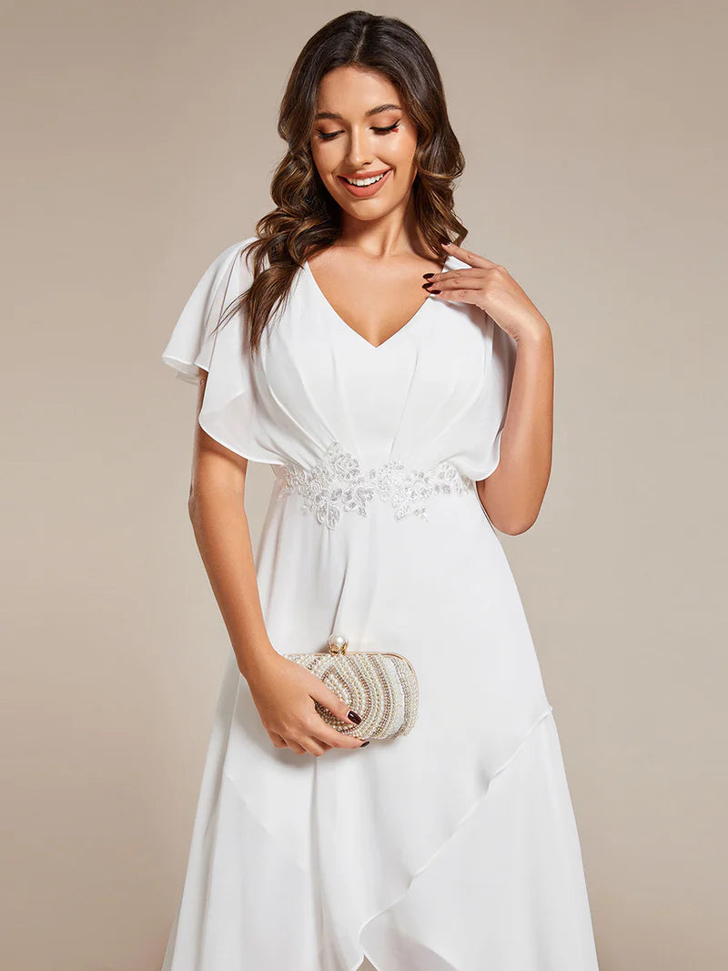Elegant high-low chiffon evening white dress with floral appliqué and short sleeves