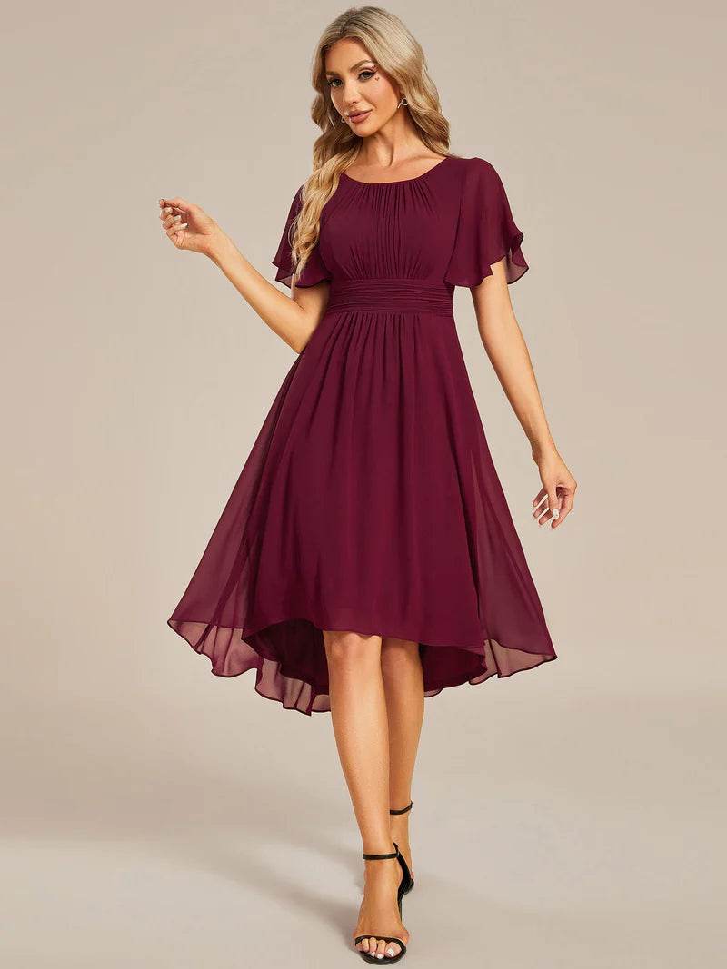 Elegant Lotus Leaf Pleated A-Line Knee-Length Wedding Guest Dress - Biamonde