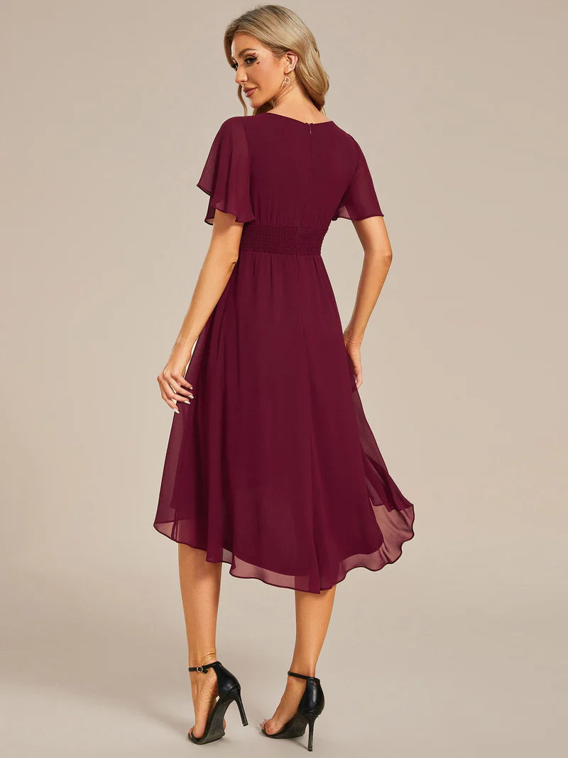 Elegant knee-length A-line wedding guest burgundy dress with lotus leaf pleated design