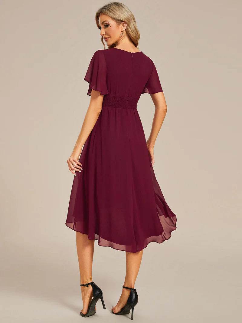 Elegant Lotus Leaf Pleated A-Line Knee-Length Wedding Guest Dress - Biamonde