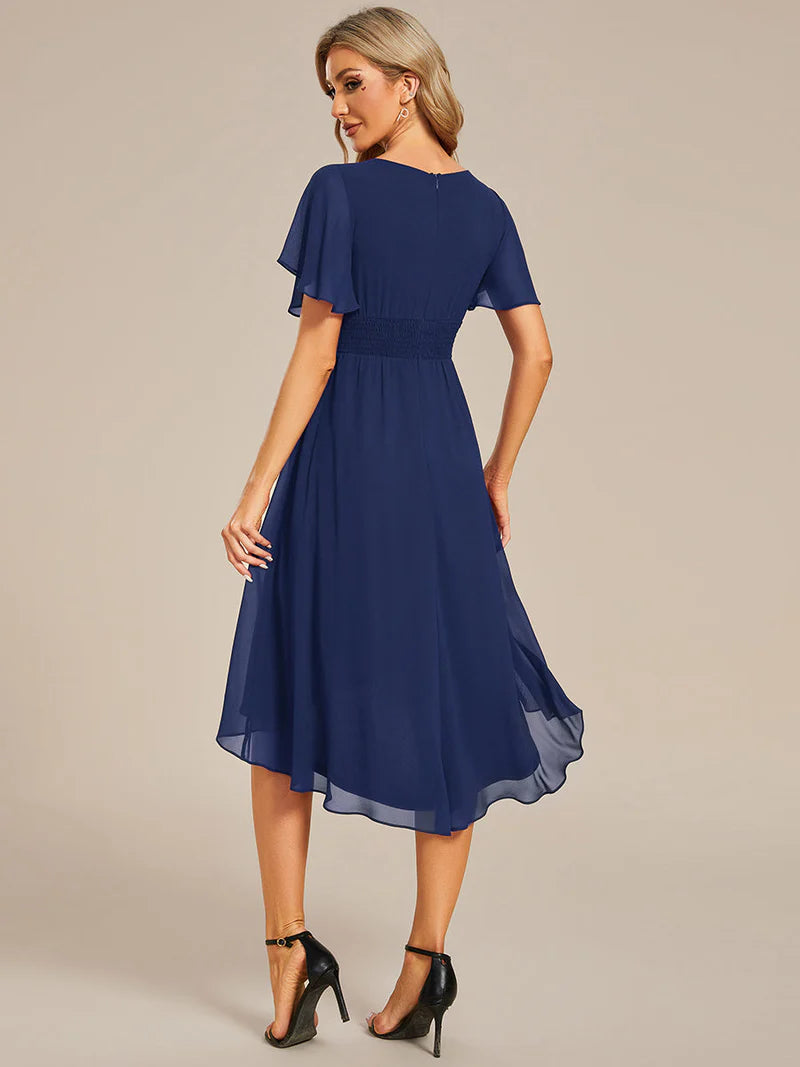 Elegant knee-length A-line wedding guest navy blue dress with lotus leaf pleated design