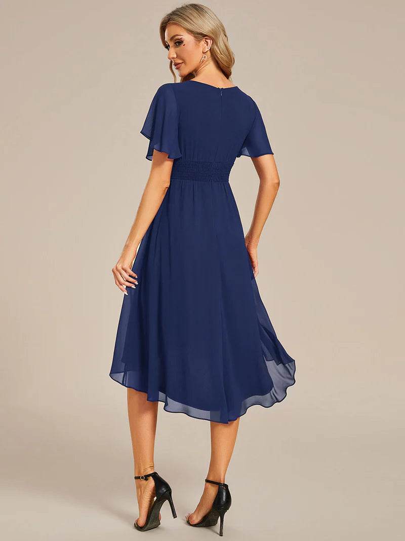 Elegant Lotus Leaf Pleated A-Line Knee-Length Wedding Guest Dress - Biamonde