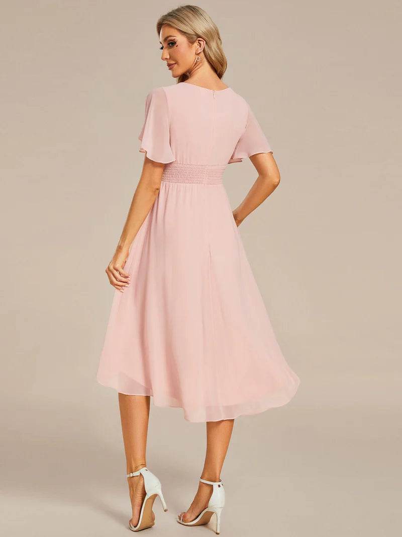 Elegant Lotus Leaf Pleated A-Line Knee-Length Wedding Guest Dress - Biamonde
