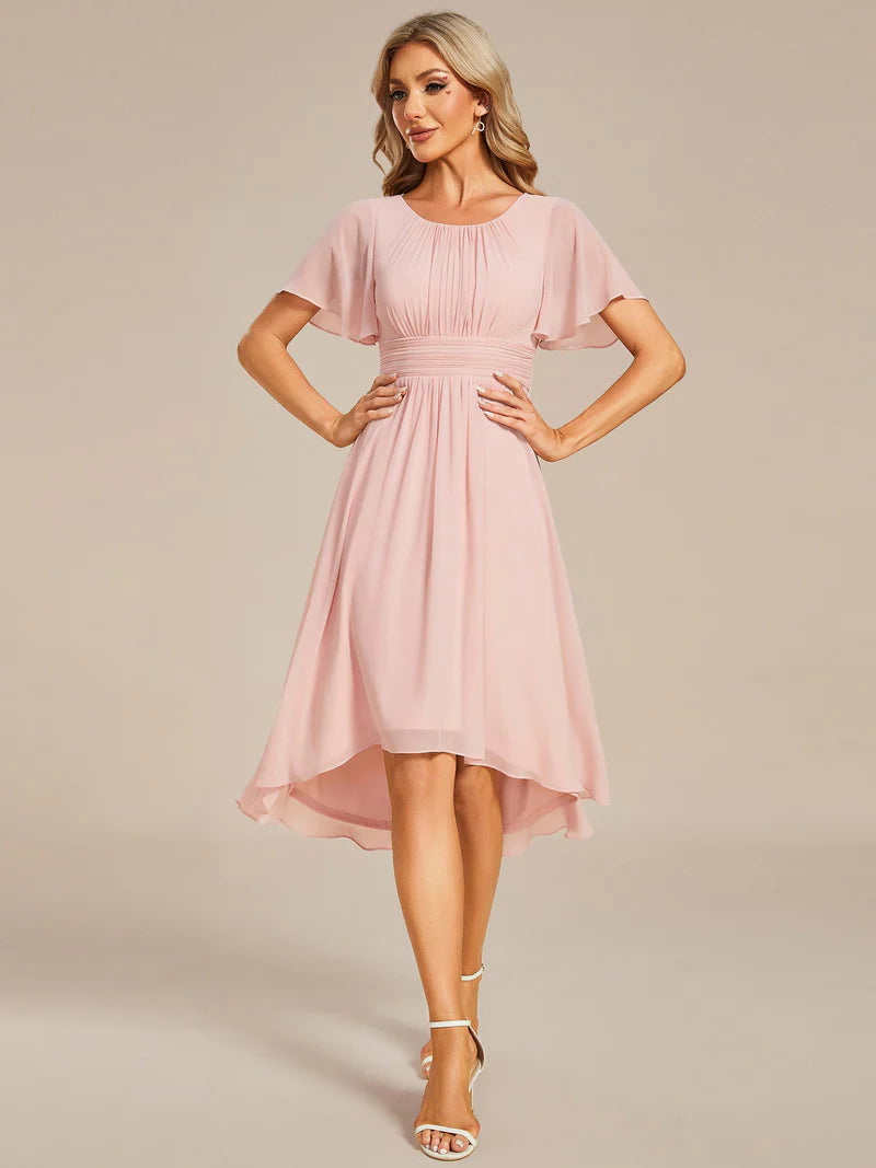 Elegant knee-length A-line wedding guest pink dress with lotus leaf pleated design