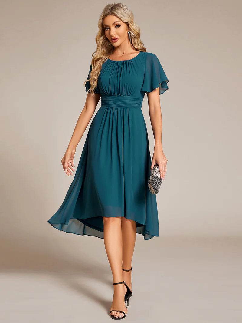 Elegant Lotus Leaf Pleated A-Line Knee-Length Wedding Guest Dress - Biamonde