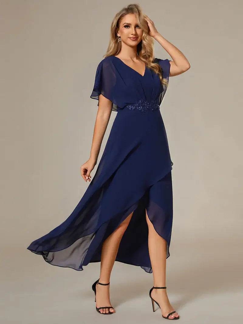 Elegant High-Low Chiffon Evening Dress with Appliqué Details & Short Sleeves - Biamonde