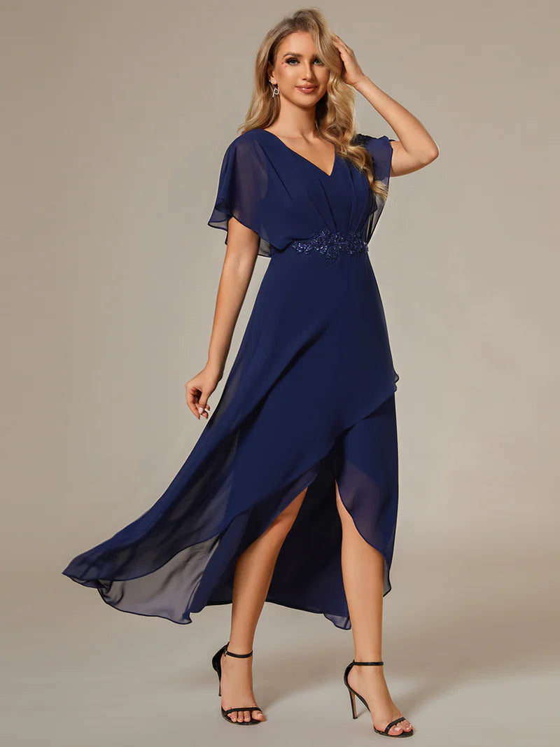 Elegant High-Low Chiffon Evening Dress with Appliqué Details & Short Sleeves