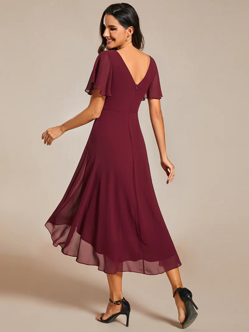 Elegant chiffon wedding guest burgundy dress with pleated skirt and ruffle accents