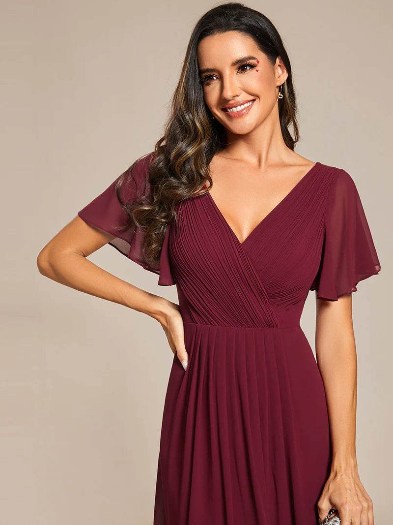Elegant Pleated Chiffon Wedding Guest Dress with Ruffle Details - Biamonde