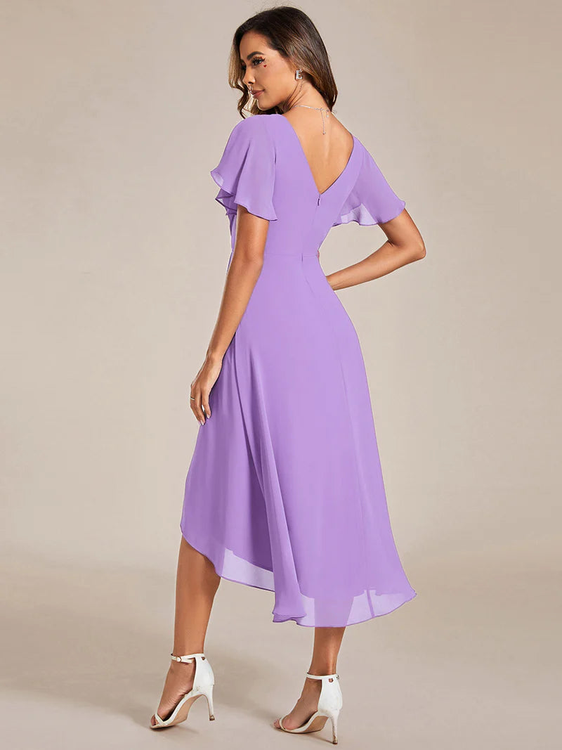 Elegant chiffon wedding guest lavender dress with pleated skirt and ruffle accents