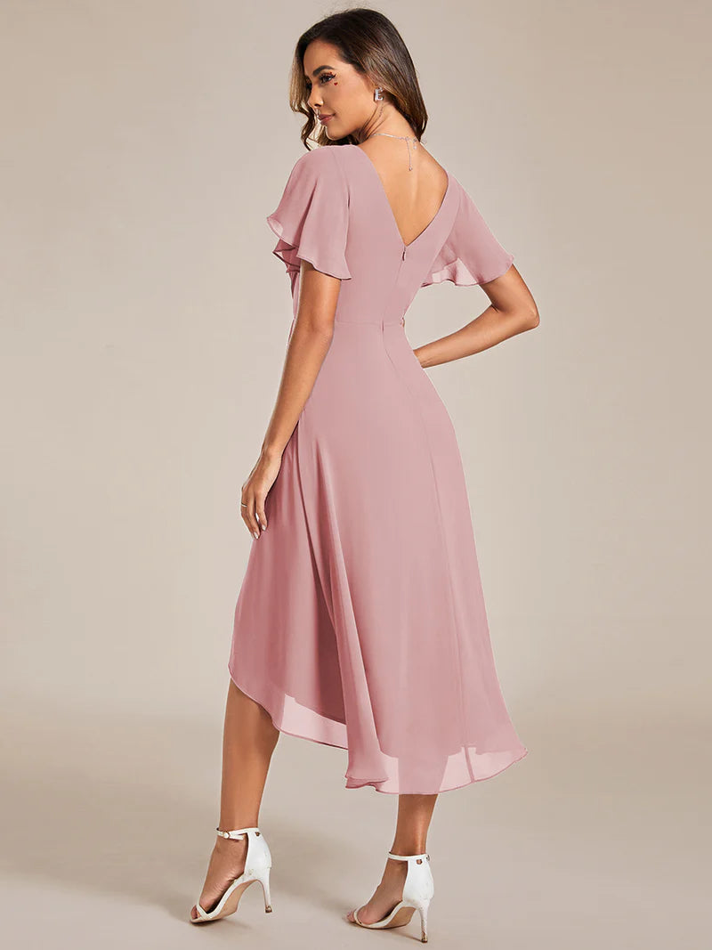 Elegant chiffon wedding guest dusty rose dress with pleated skirt and ruffle accents