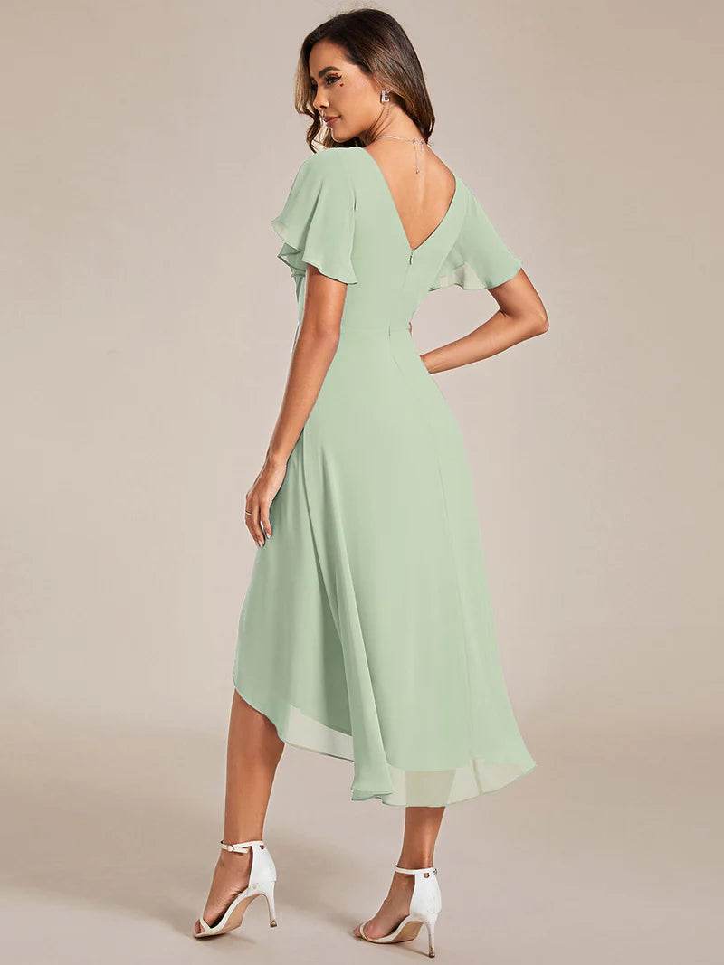 Elegant Pleated Chiffon Wedding Guest Dress with Ruffle Details - Biamonde