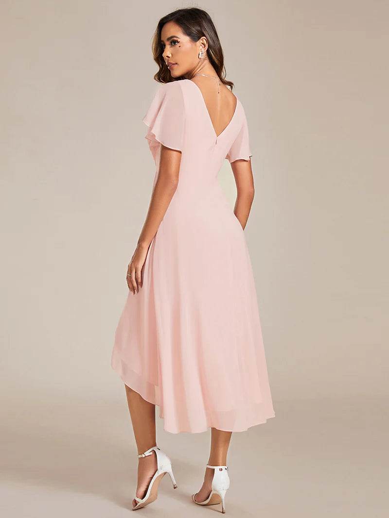 Elegant Pleated Chiffon Wedding Guest Dress with Ruffle Details - Biamonde