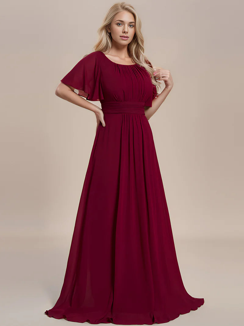 Burgundy elegant round neck bridesmaid dress with pleated skirt and flowy silhouette