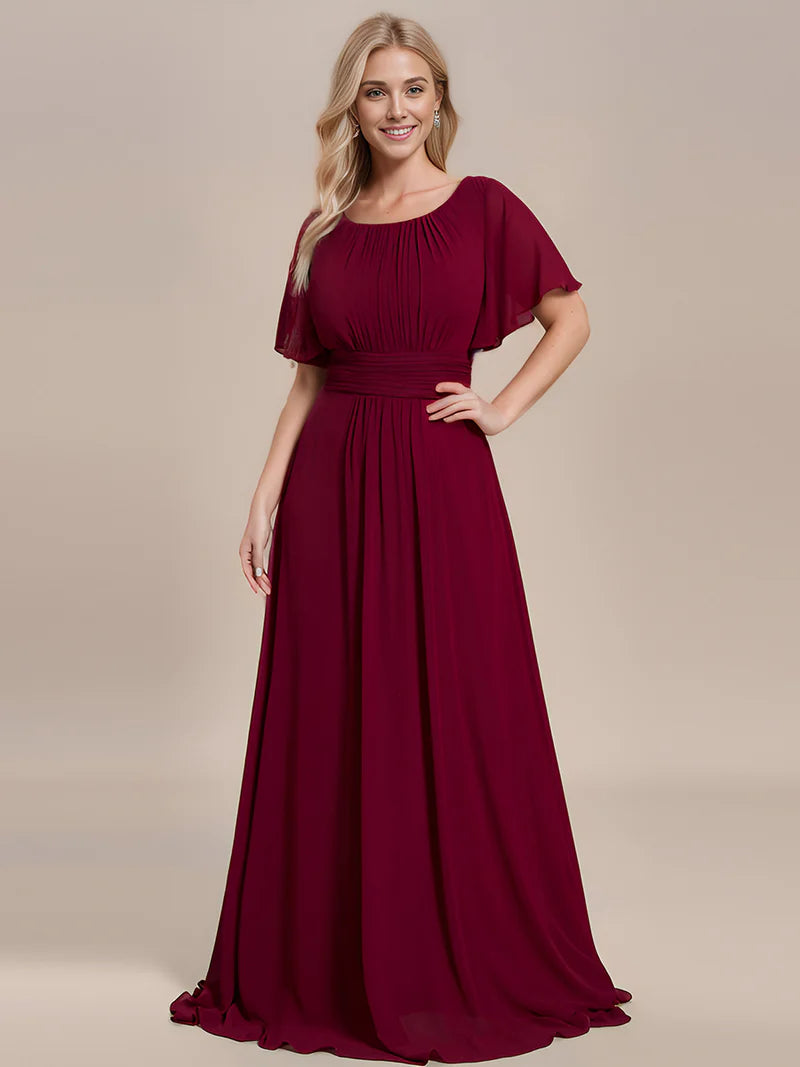 Burgundy elegant round neck bridesmaid dress with pleated skirt and flowy silhouette