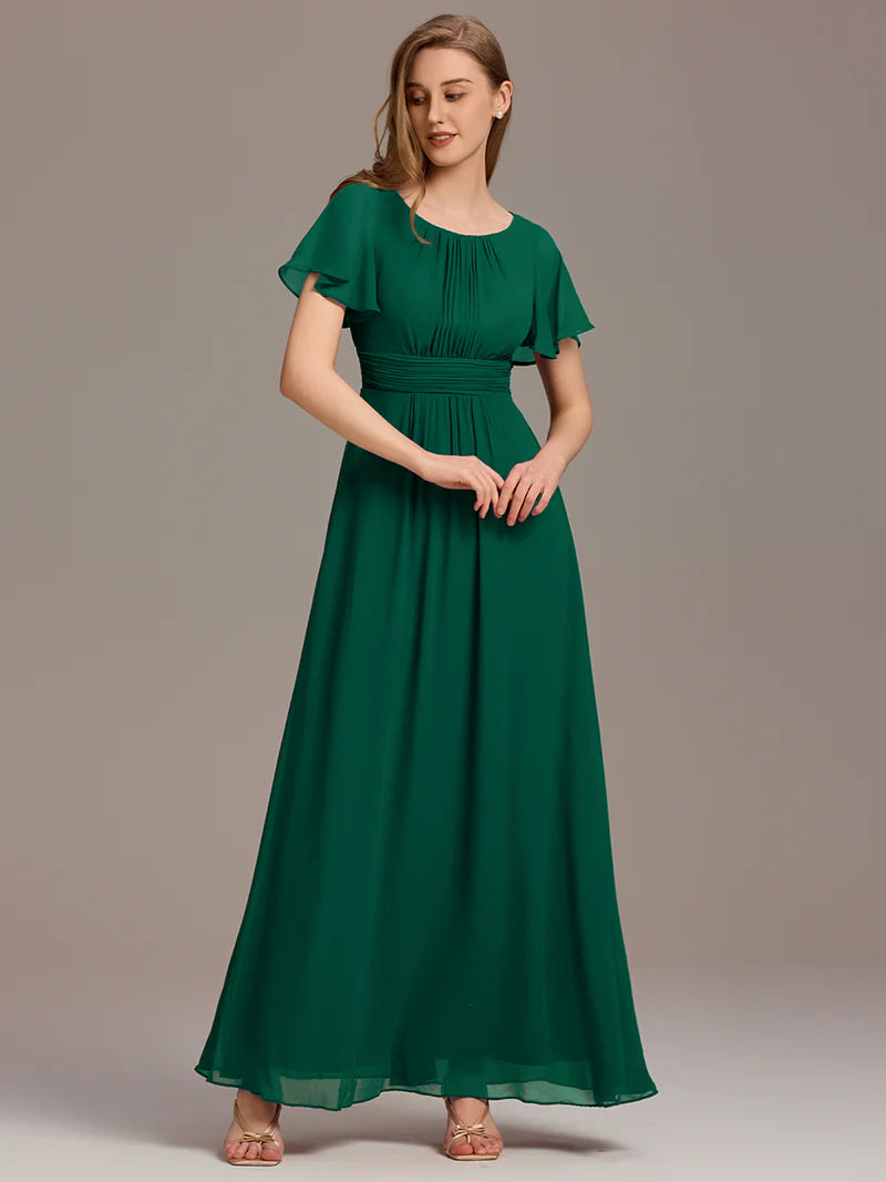 Dark green elegant round neck bridesmaid dress with pleated skirt and flowy silhouette